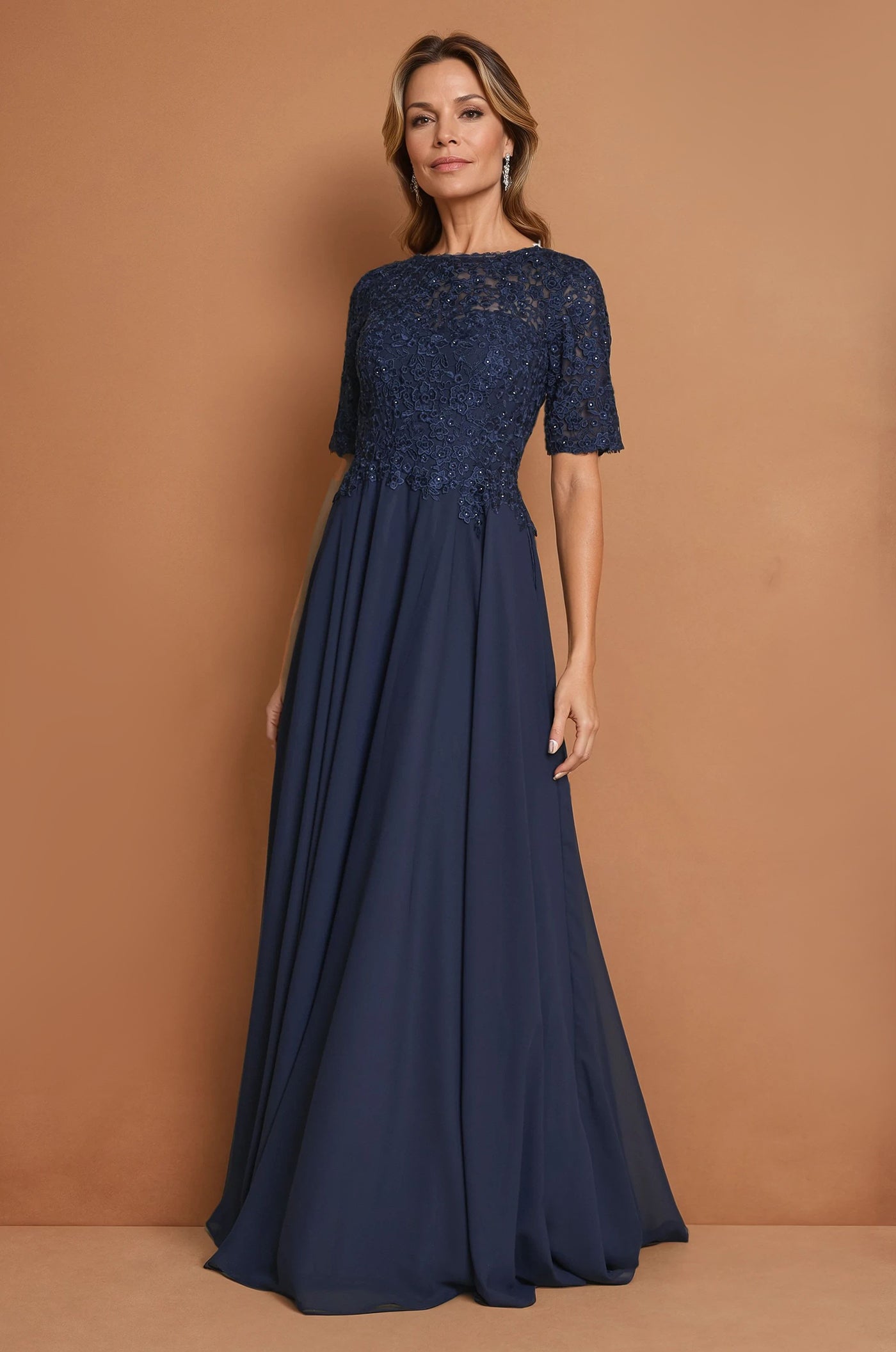 Navy Mother of the Bride Lace Dress with Short Sleeves