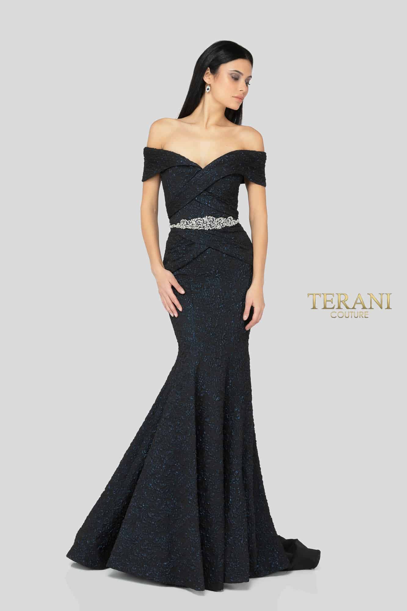 Terani Couture 1812M6657 Long Off The Shoulder Evening Gown