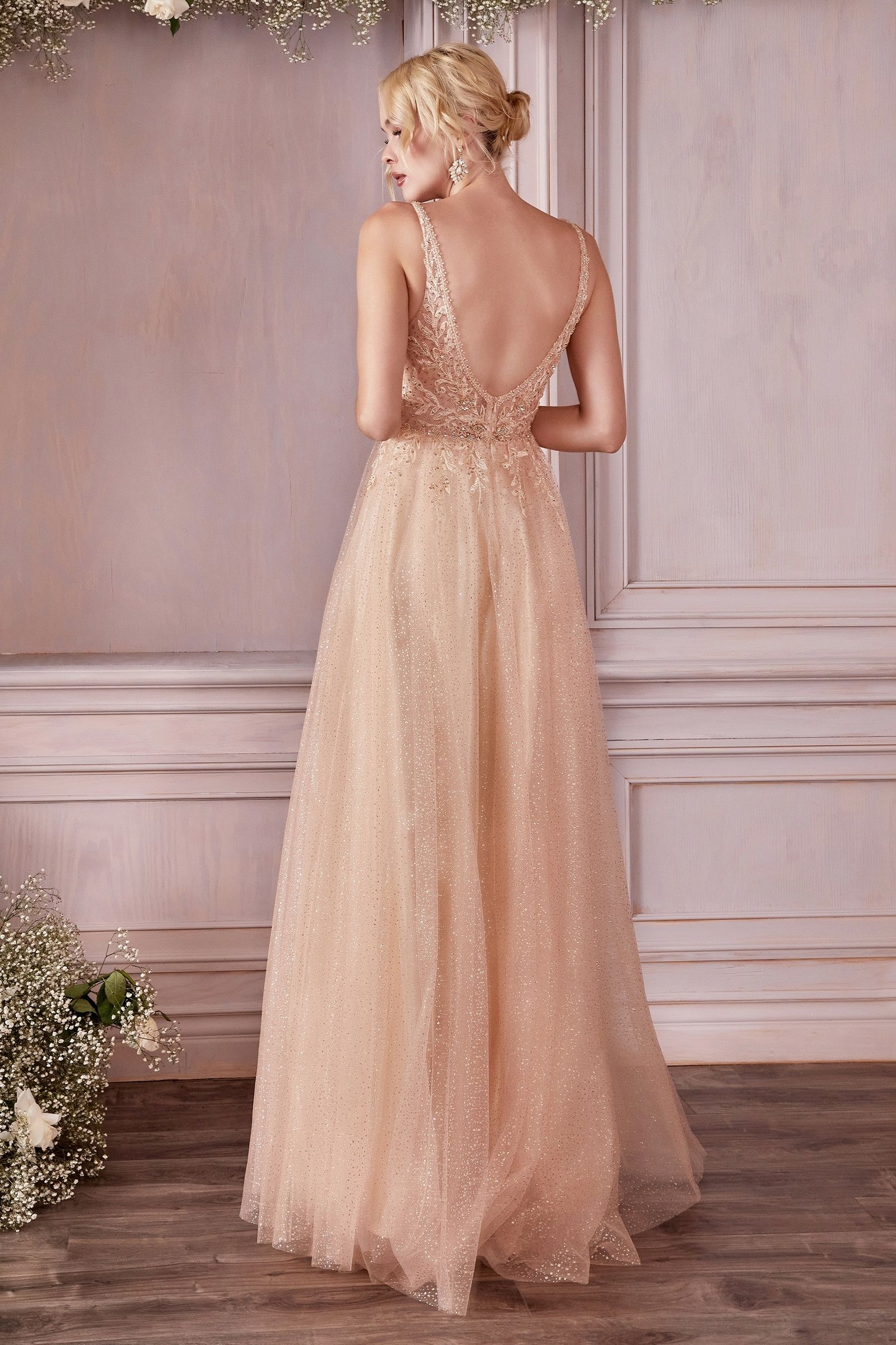 Sequin Beaded Floral Sleeveless Tulle Long Formal Prom Dress by LaDivine CD0196