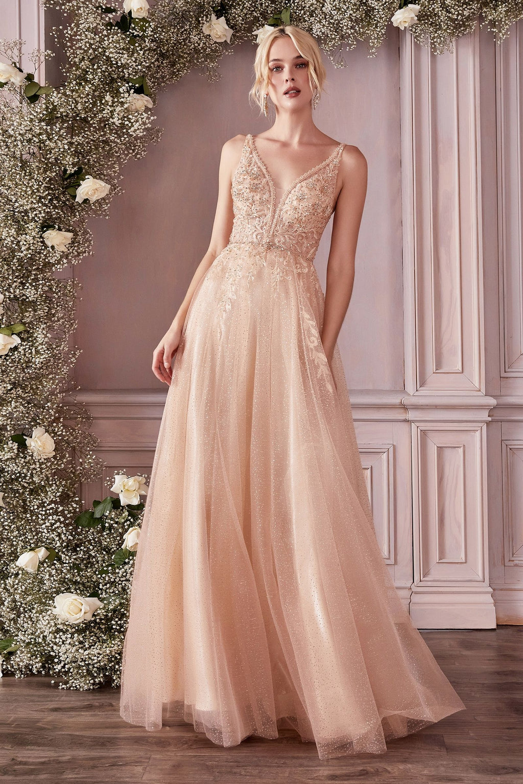 Sequin Beaded Floral Sleeveless Tulle Long Formal Prom Dress by LaDivine CD0196