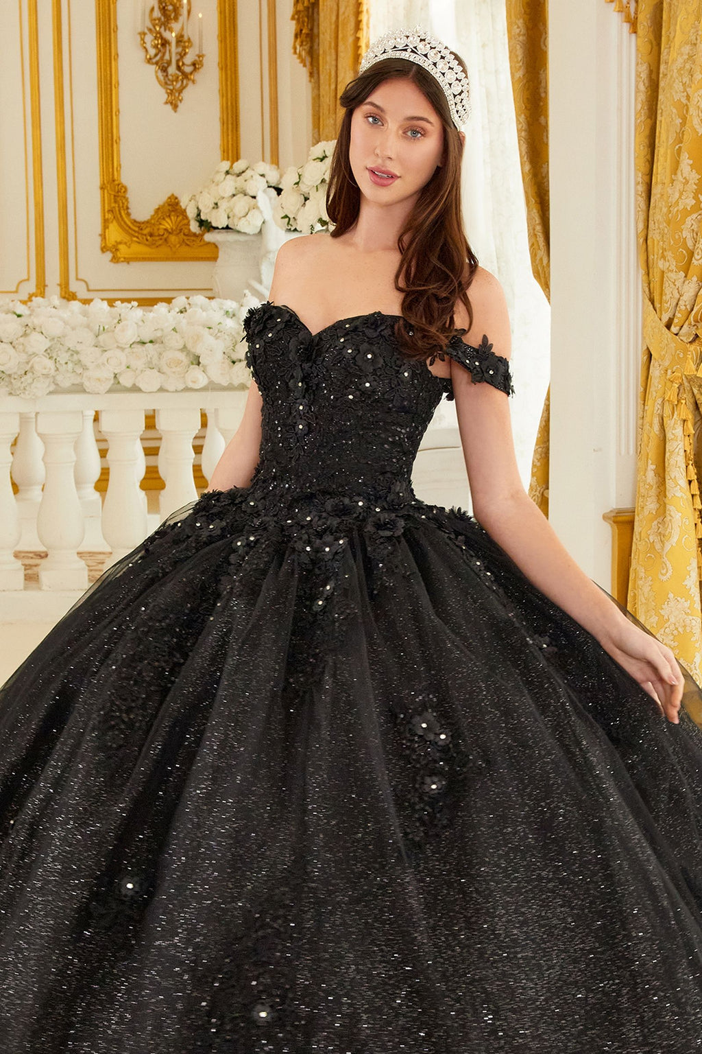 Long Floral Ball Gown Glitter Quinceañera Dress by LaDivine 15702