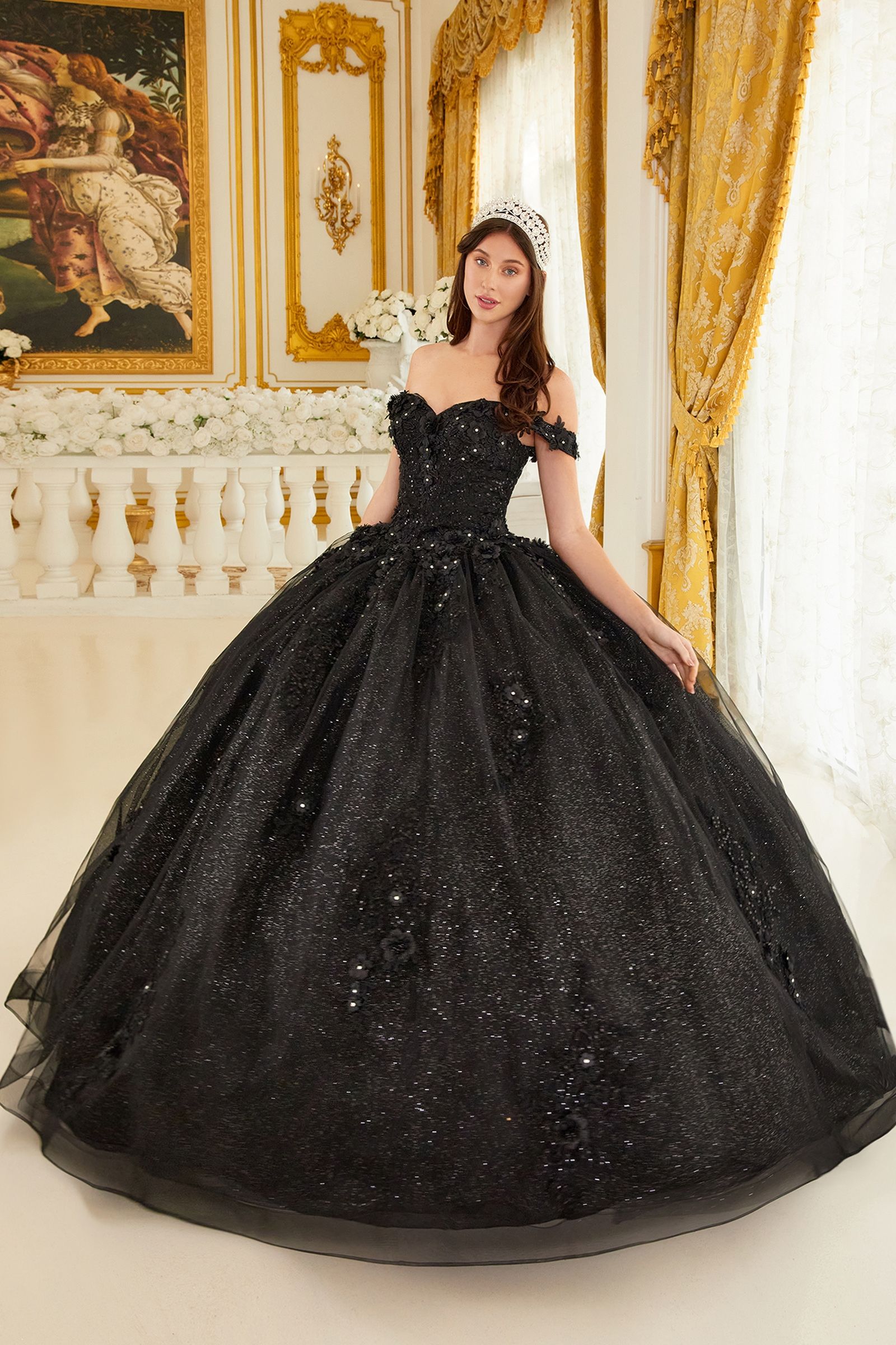 Long Floral Ball Gown Glitter Quinceañera Dress by LaDivine 15702