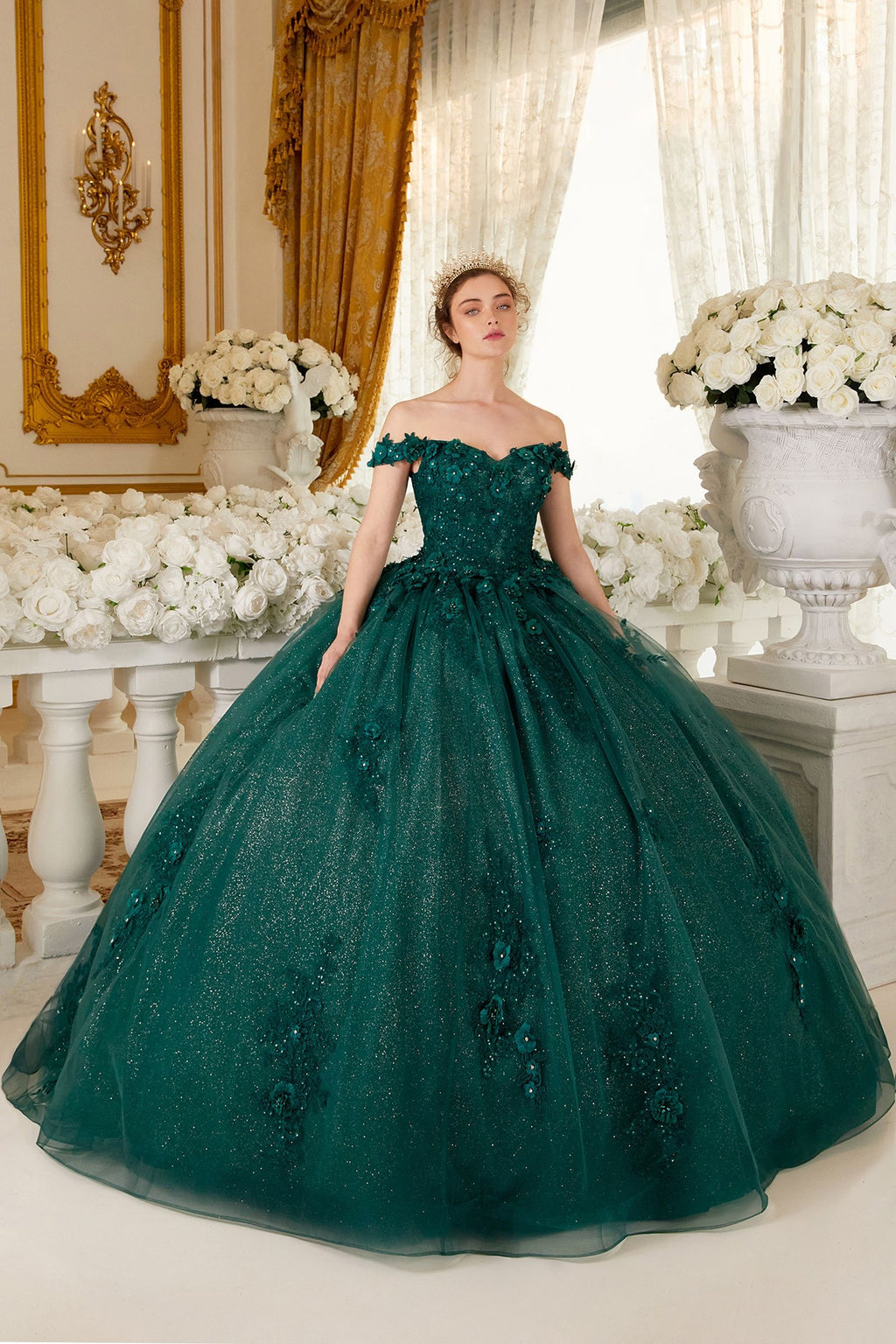 Long Floral Ball Gown Glitter Quinceañera Dress by LaDivine 15702