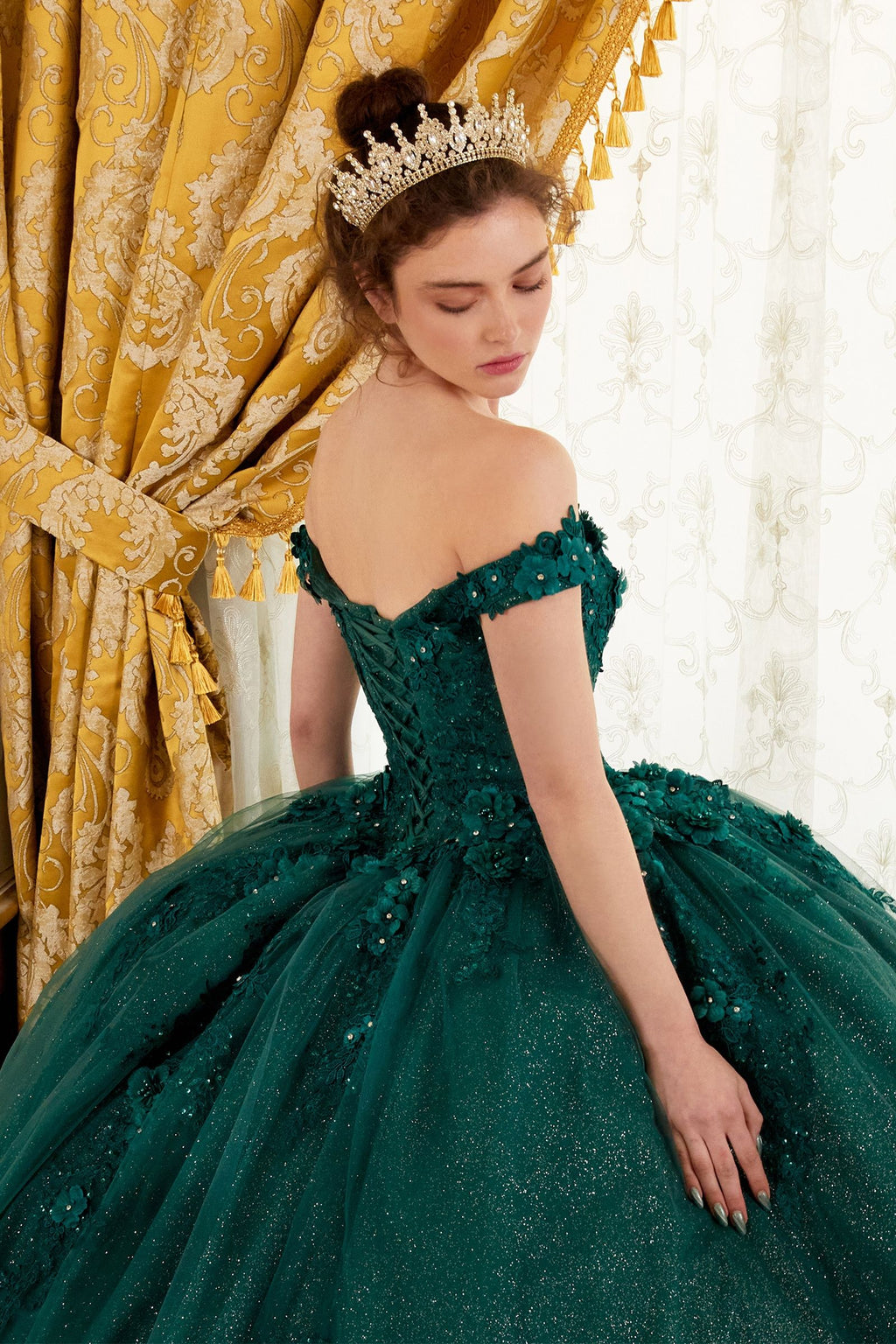 Long Floral Ball Gown Glitter Quinceañera Dress by LaDivine 15702