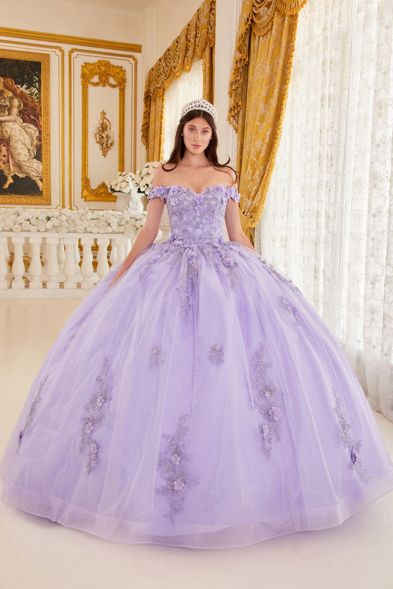 Long Floral Ball Gown Glitter Quinceañera Dress by LaDivine 15702