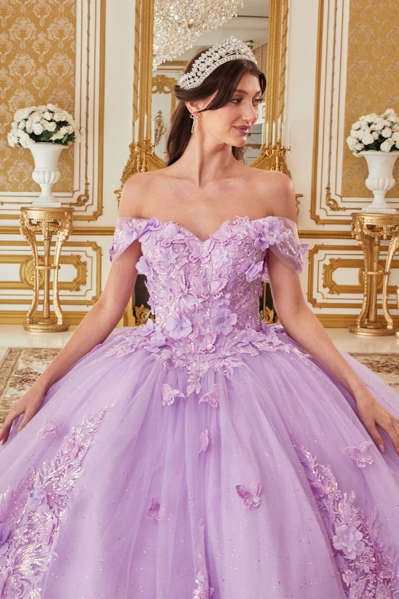 Long Quinceañera Off-Shoulder Floral Appliqué Ball Gown by LaDivine 15713