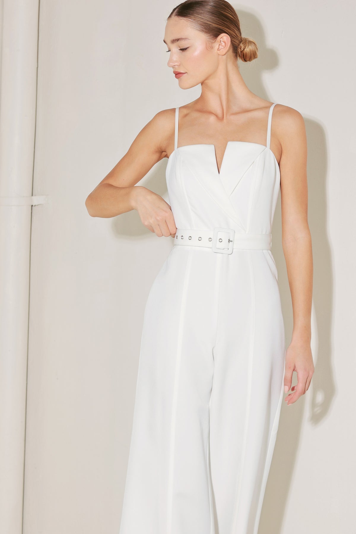 Sweetheart Neck Wide Leg Woven Wedding Jumpsuit with Belt Detail Flying Tomato FP1753
