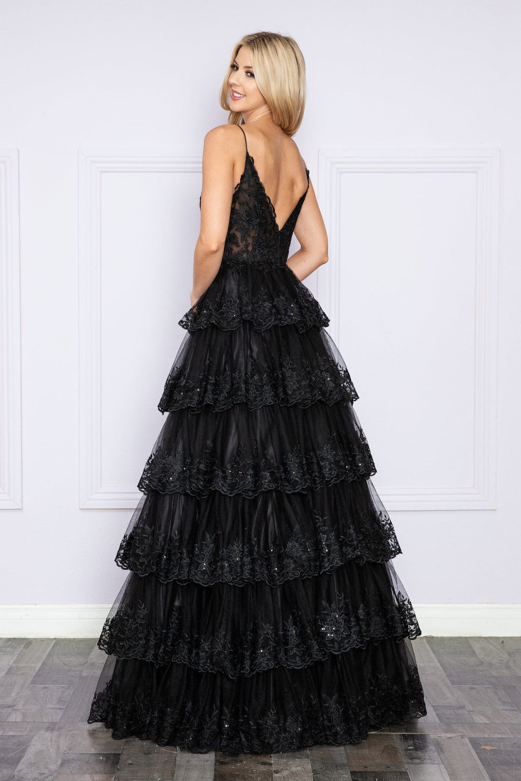 Applique Sleeveless Tiered Layered Gown with Slit Prom Dress Poly USA 9402