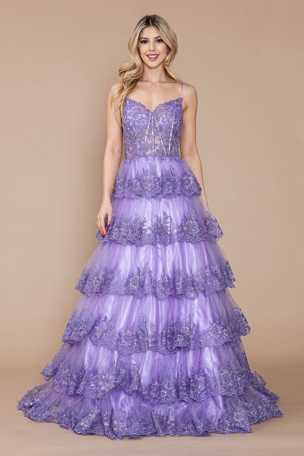 Applique Sleeveless Tiered Layered Gown with Slit Prom Dress Poly USA 9402