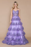 Applique Sleeveless Tiered Layered Gown with Slit Prom Dress Poly USA 9402