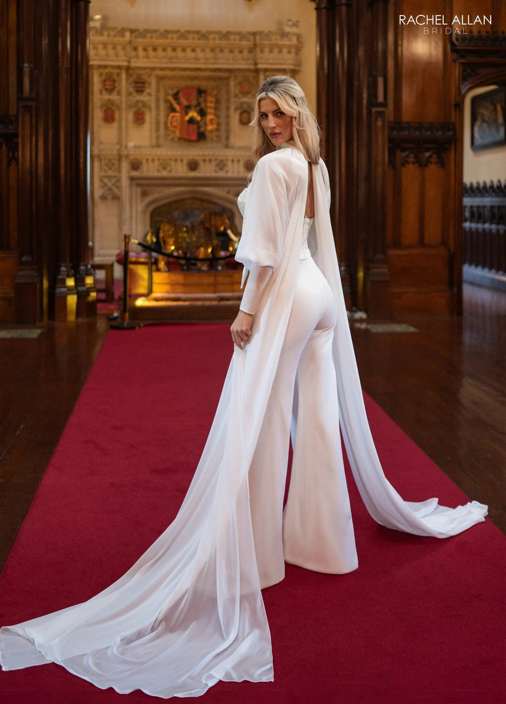 Sweetheart Floor-Length Crepe Bridal Jumpsuit with Chiffon Cape Rachel Allan RB1019
