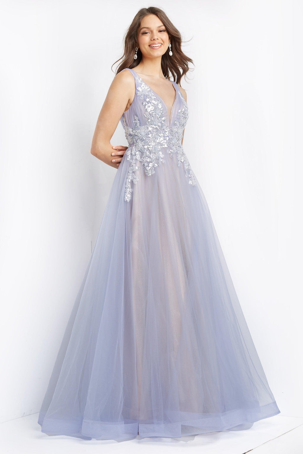 Jovani 07638 Sequin Long Plunging Neck Dress