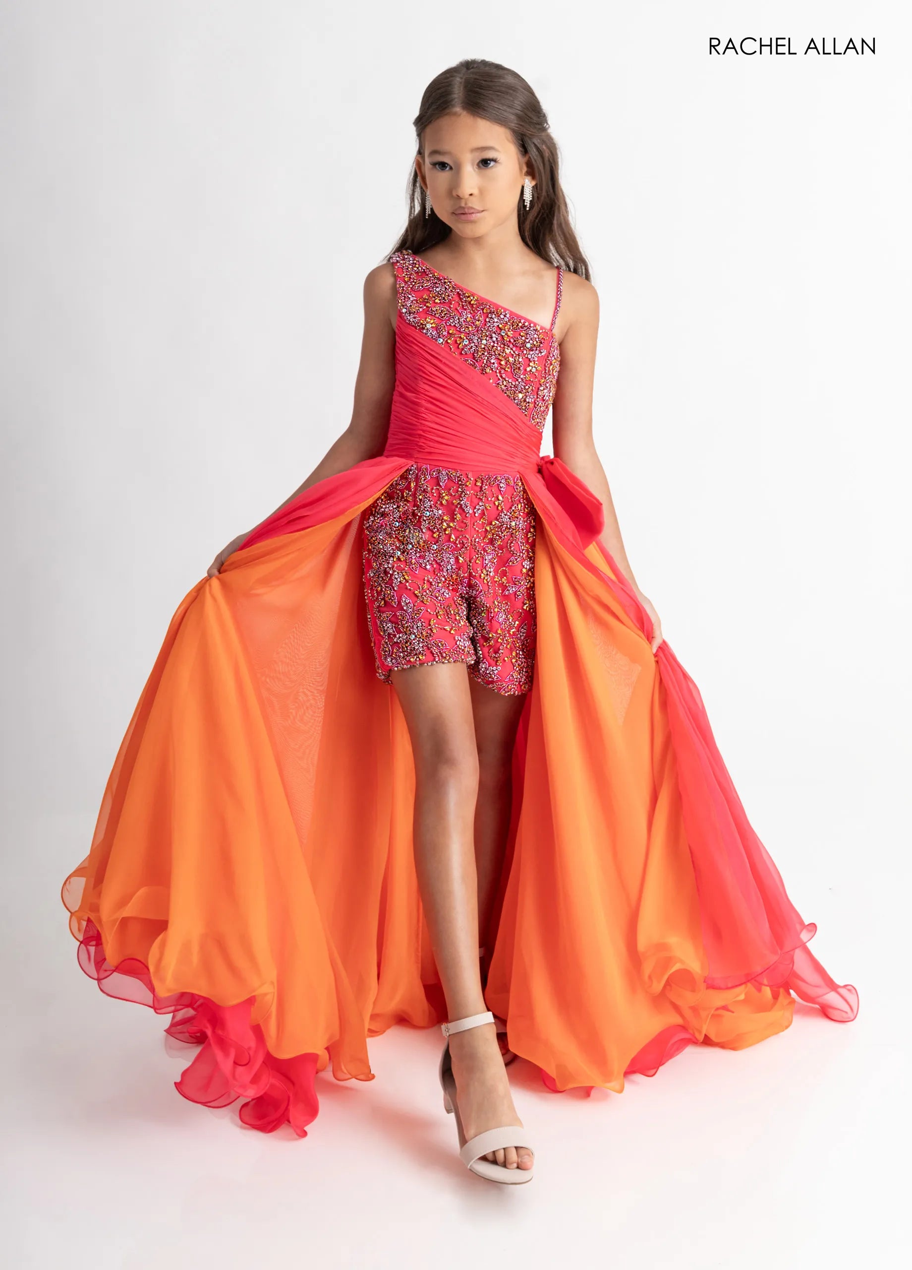 One-Shoulder Short Embellished Romper Gown by Rachel Allan 10311