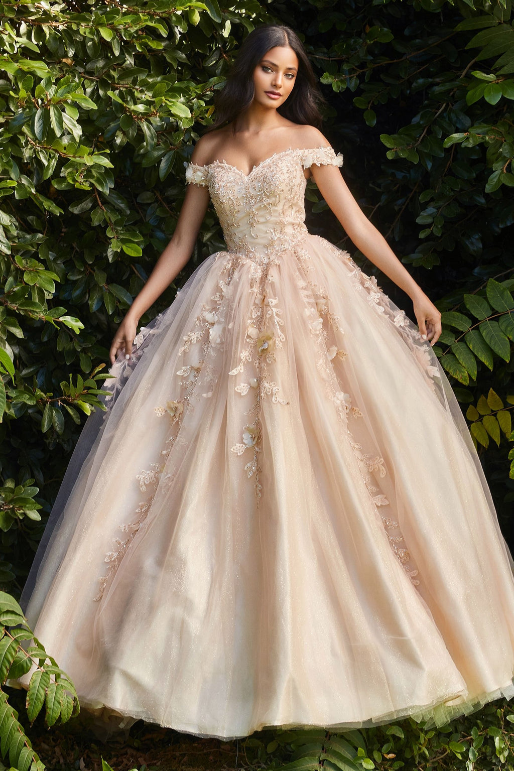 3D Floral Sequin Long Ball Gown Quinceañera Dress by LaDivine CD0185