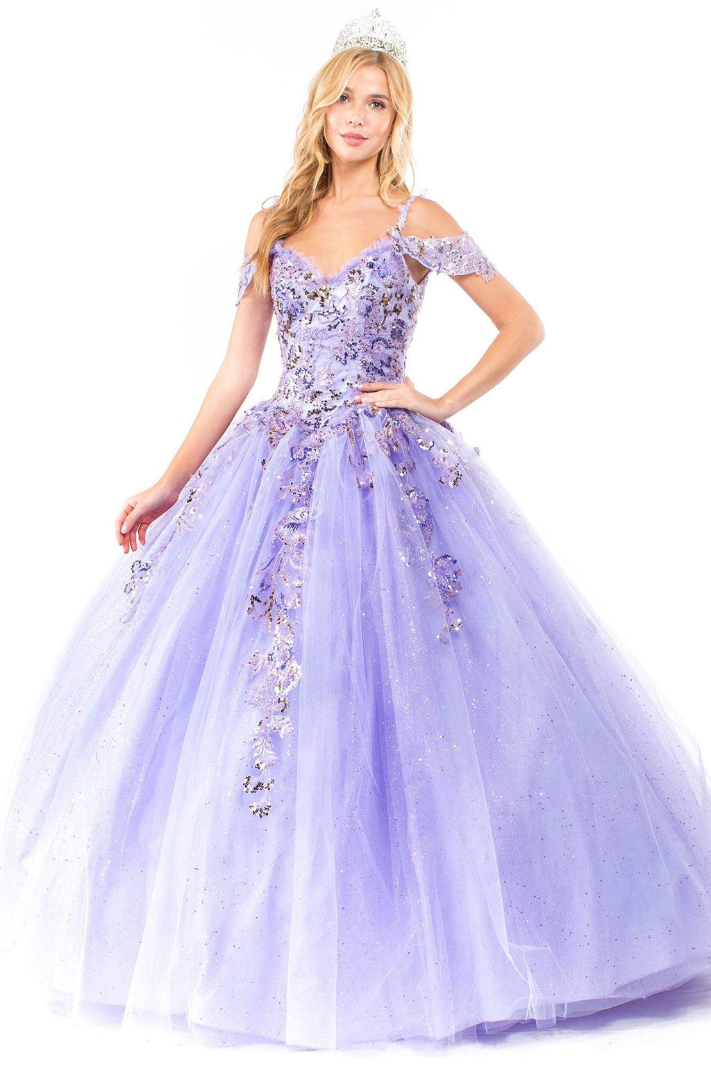 Quinceanera Cold Shoulder Long Sequin Dress